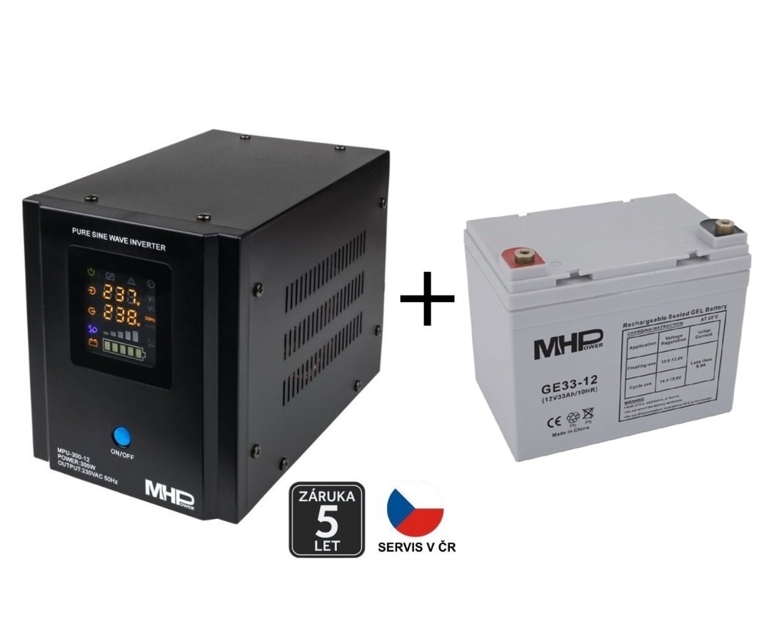 Backup power supply MHPower MPU-300-12, UPS, 300W, pure sine, 12V SET with Gel battery 33Ah