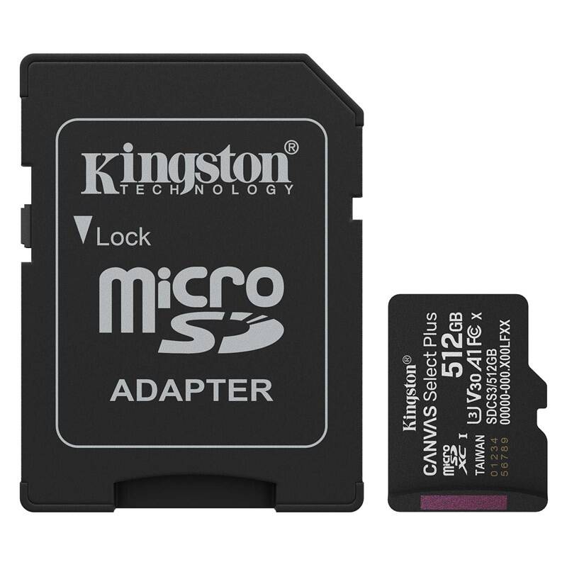 Kingston MicroSDXC paměťová karta 512GB Canvas Select Plus A1 Gen 3 + SD adaptér