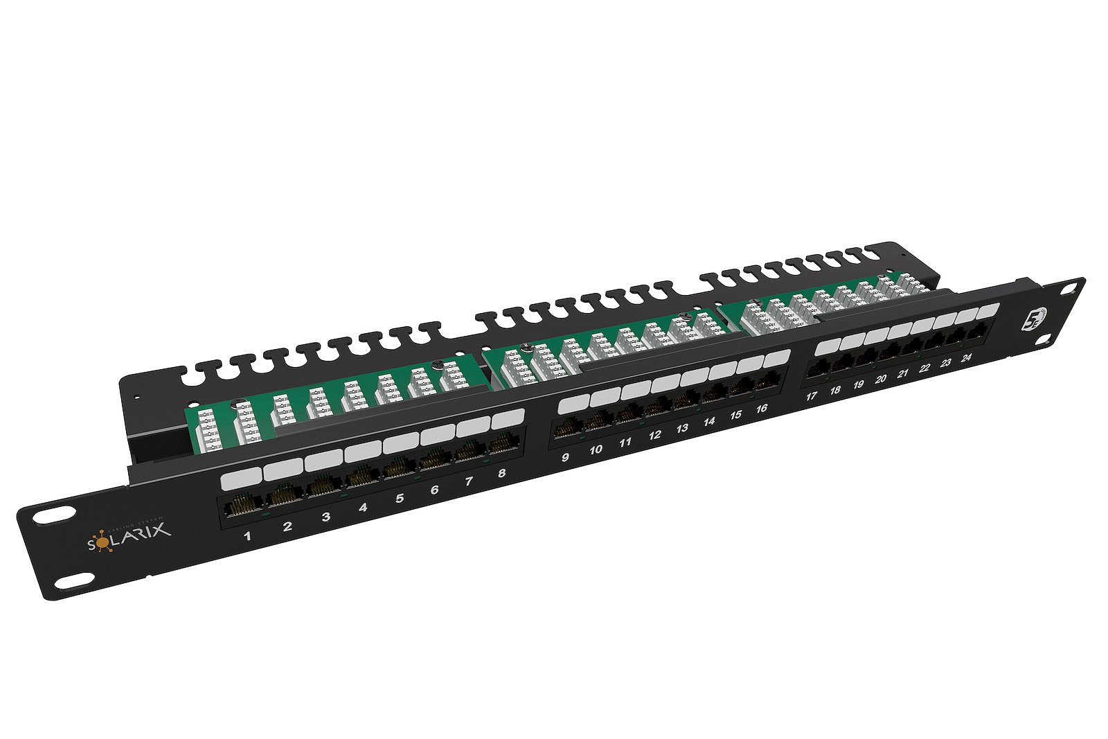 Solarix patch panel 24 x RJ45 CAT5E UTP s vyvaz. lištou černý 1U, SX24L-5E-UTP-BK-N