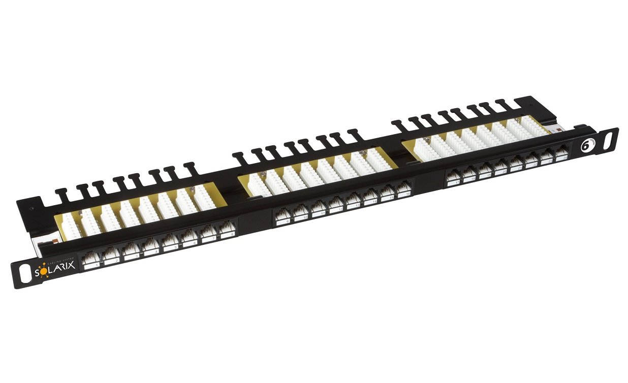 Solarix patch panel 24 x RJ45 CAT6 UTP s vyvazovací lištou černý 0,5U, SX24HD-6-UTP-BK