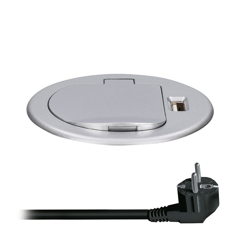 Solight PP122 USB vestavná zásuvka s víčkem, 1 zásuvka, plast, délka 1,5m, 3x 1mm2, USB 2100mA, stříbrná